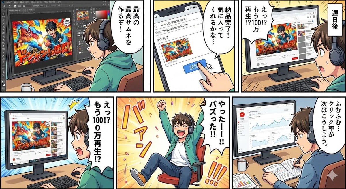 Five-panel manga of a YouTube thumbnail creator workflow