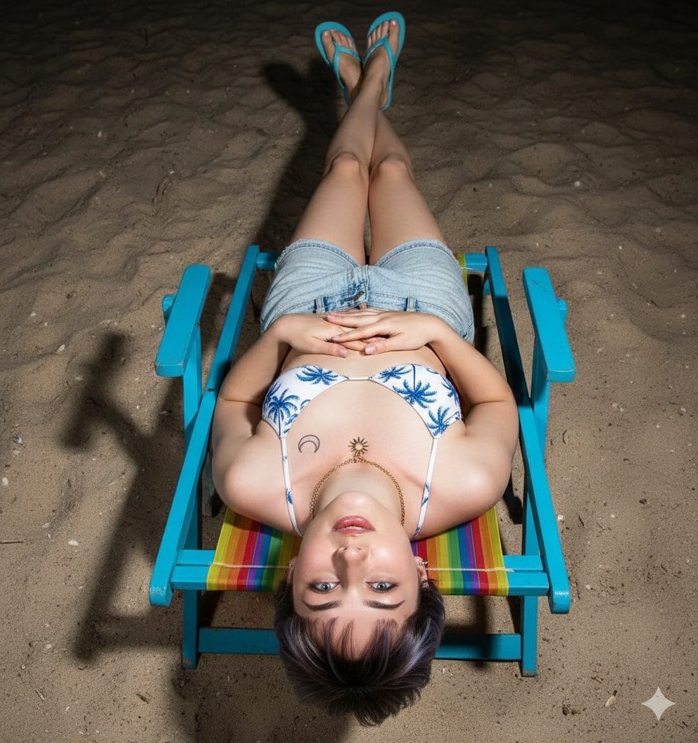 Flash Photography of Person Lounging Upside-Down on Beach Chair at Night