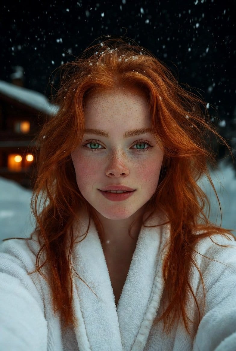 Flash Selfie in Snow at Alpine Chalet Prompt