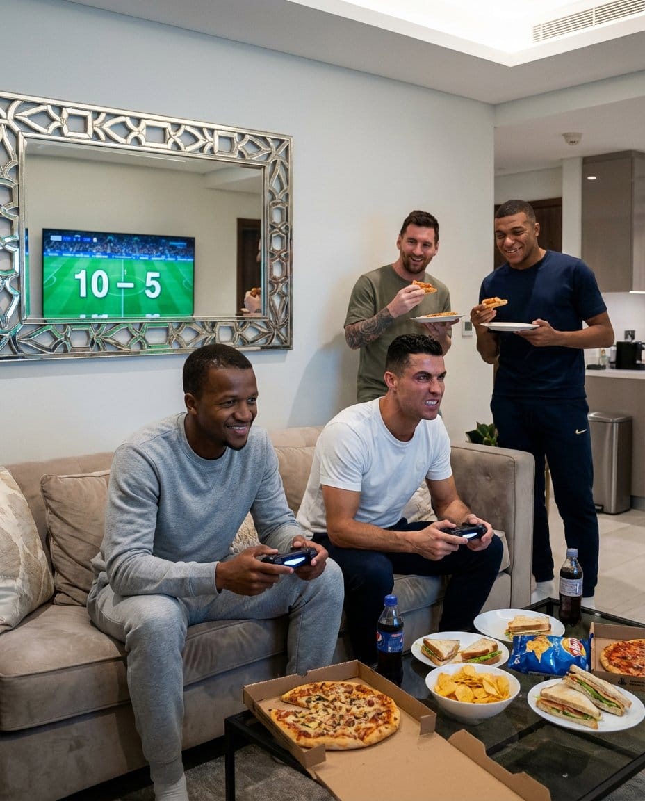 Football Video Game Victory Scene with Ronaldo and Messi Prompt