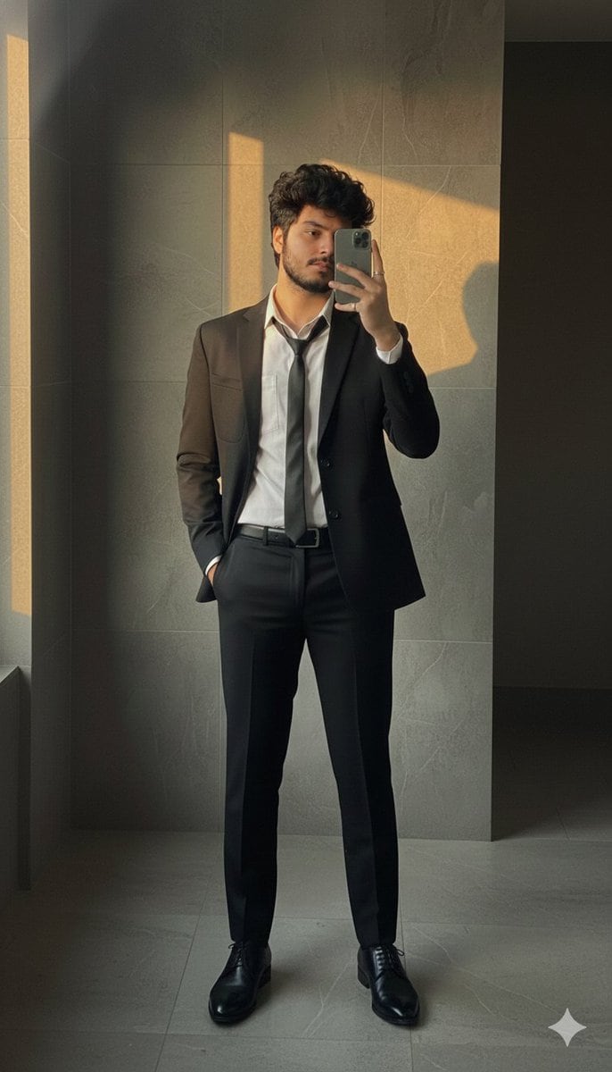 Formal Suit Mirror Selfie with Face Reference Prompt