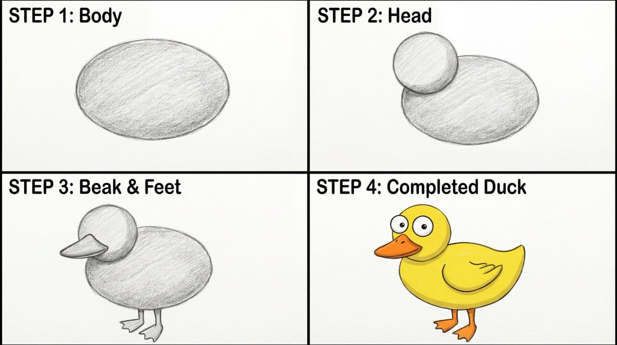 Four-Panel Guide for Drawing a Cartoon Duck