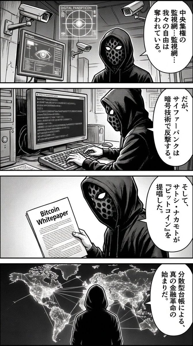 Four-panel manga about Bitcoin from cypherpunk view