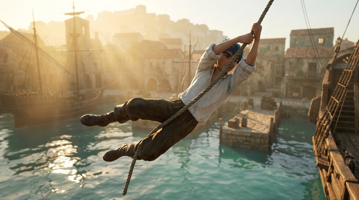 Frozen Action Shot of Character Swinging on a Rope