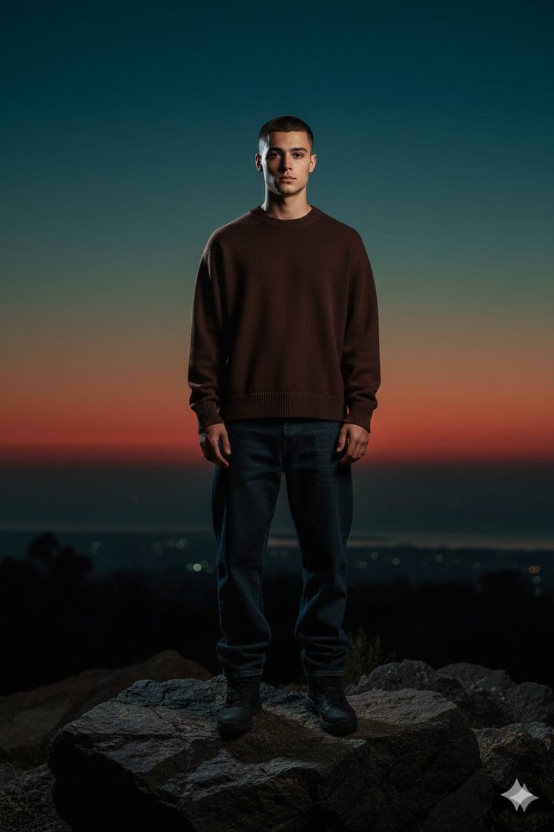 Full-Body Portrait with Frontal Flash at Blue Hour Sunset