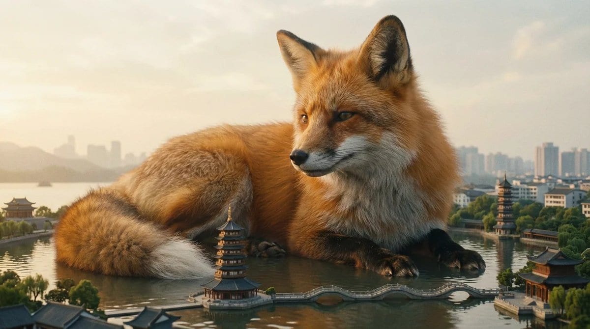Giant Animal in City Scene Prompt (Fox + West Lake)