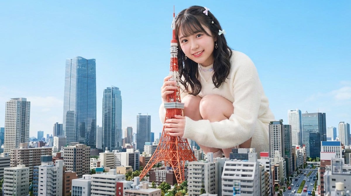 Giant person holding Tokyo Tower in a modern cityscape