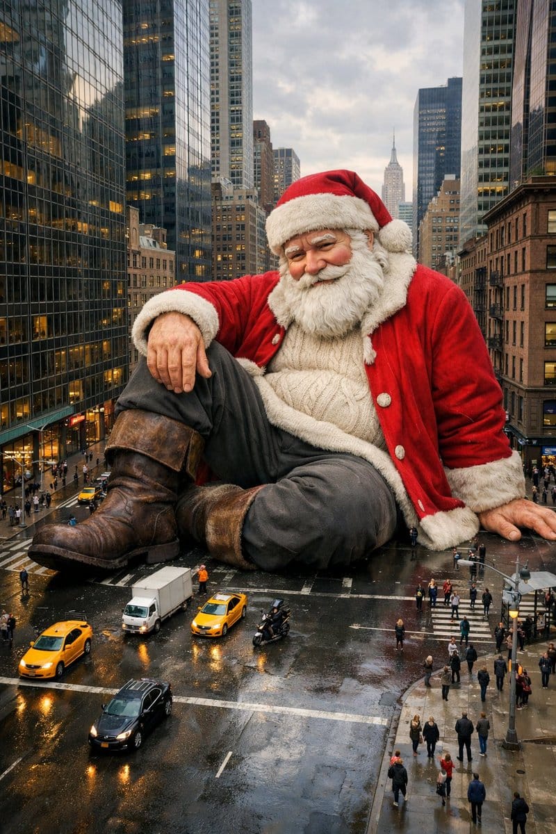 Gigantic Santa Claus on NYC Avenue (Structured Prompt)