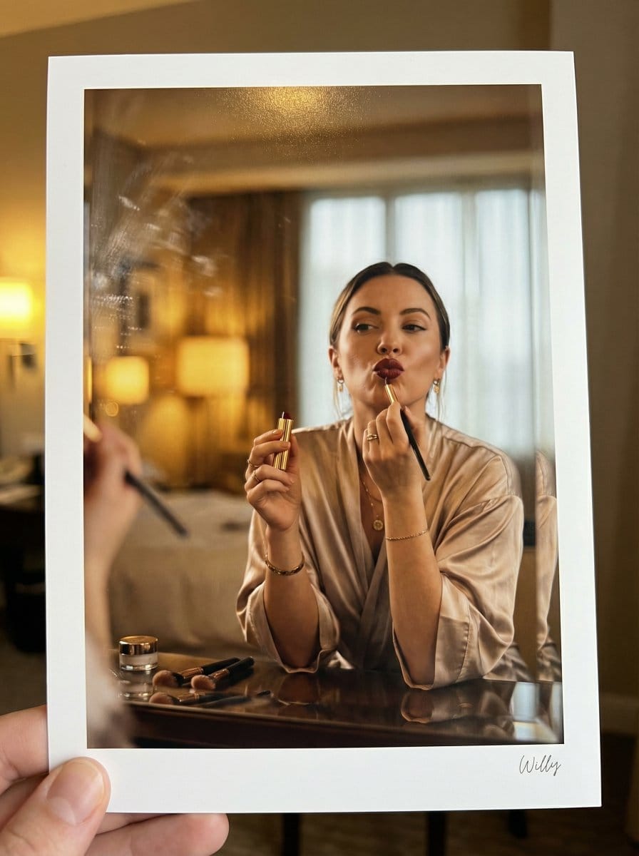 Glamorous Makeup Mirror Reflection Editorial Shot Prompt