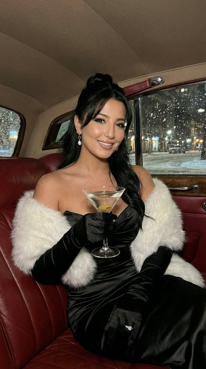 Glamorous Vintage Martini Portrait in a Snowing Car