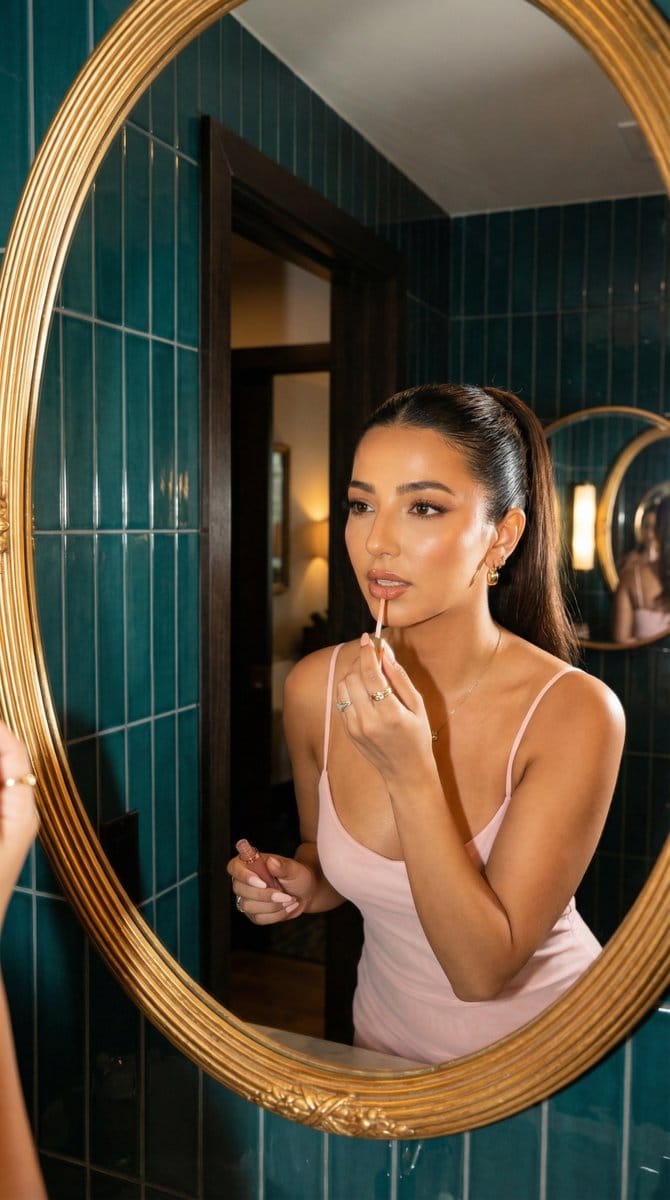 Glamorous Woman Applying Lip Gloss in Mirror Reflection