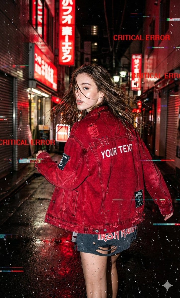 Glitchy Neo-Tokyo Street Style Photo with Red Neon
