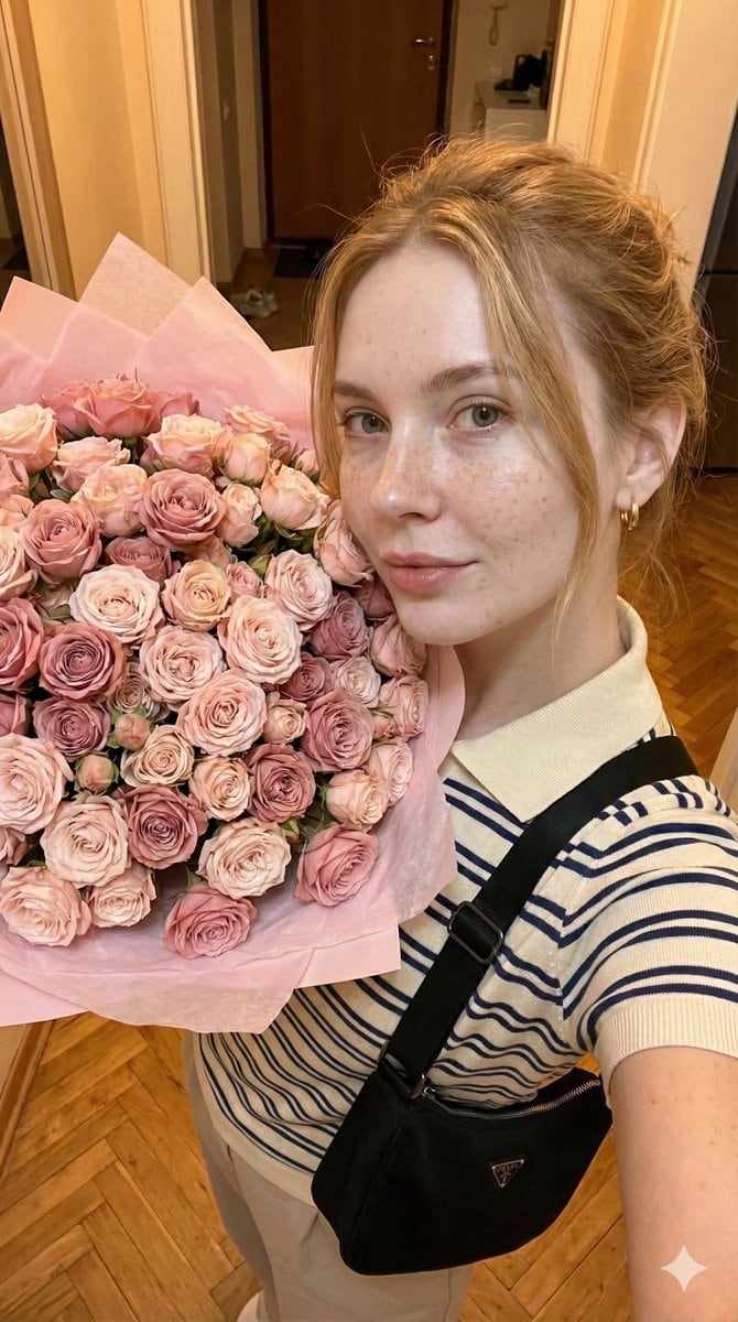 Golden Hour Selfie with Massive Rose Bouquet