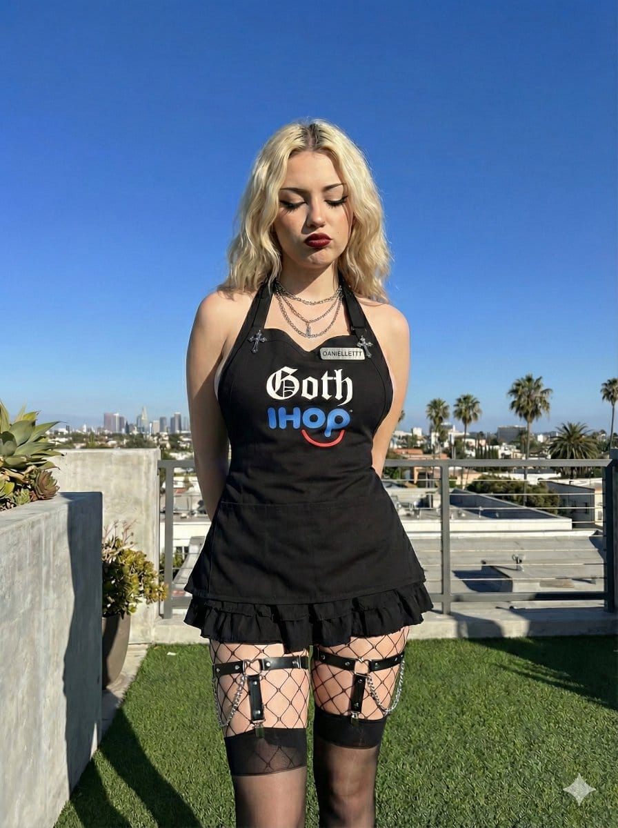 Goth IHOP Waitress Prompt: Rooftop Terrace Scene