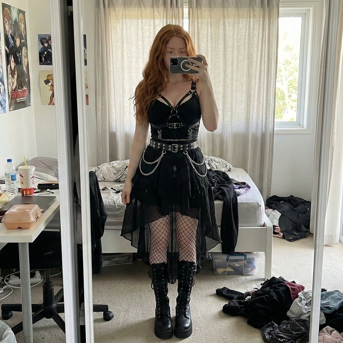 Gothic Mirror Selfie in Messy Bedroom