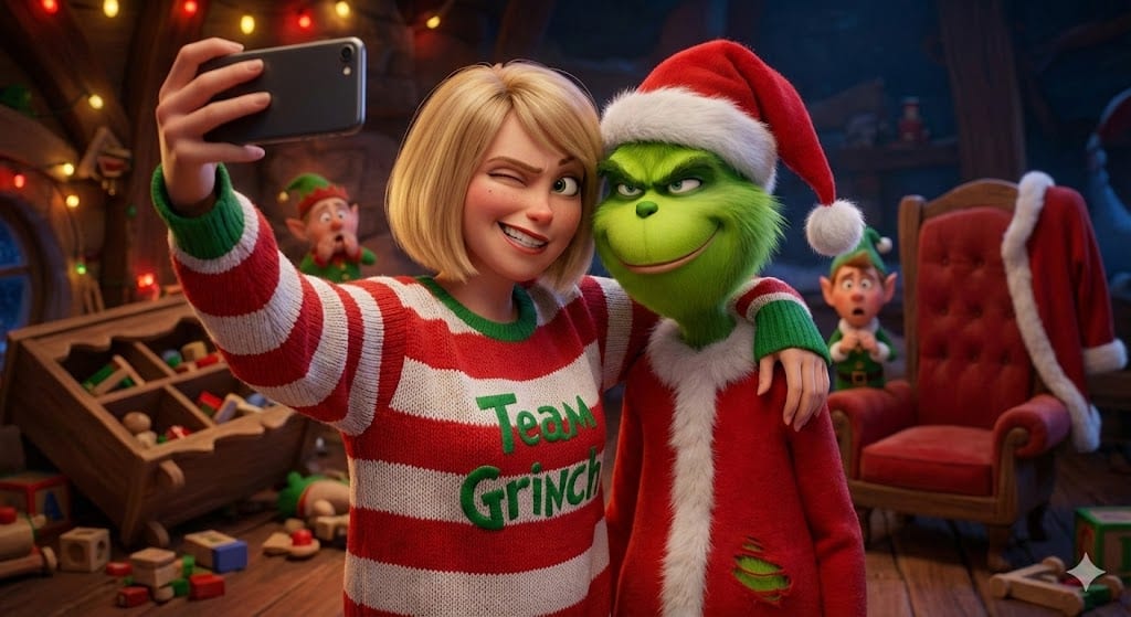 Grinch and Woman Selfie in North Pole Workshop