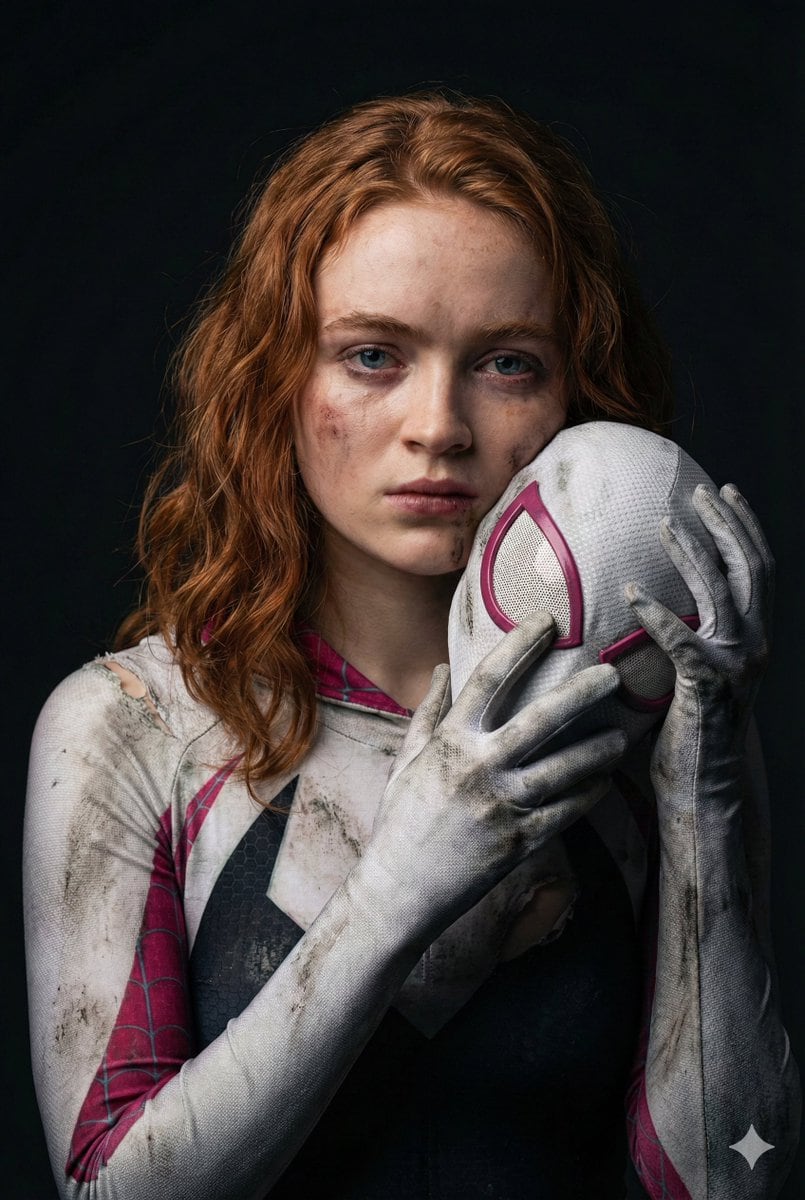 Gritty Cinematic Portrait of Sadie Sink as Injured Ghost-Spider