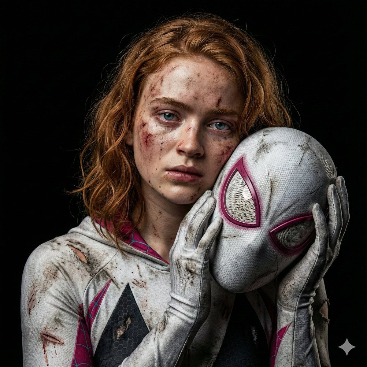 Gritty Cinematic Portrait of Sadie Sink as Injured Ghost-Spider (Duplicate)