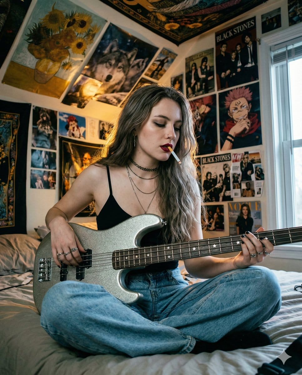 Grunge Bedroom Bass Player Portrait