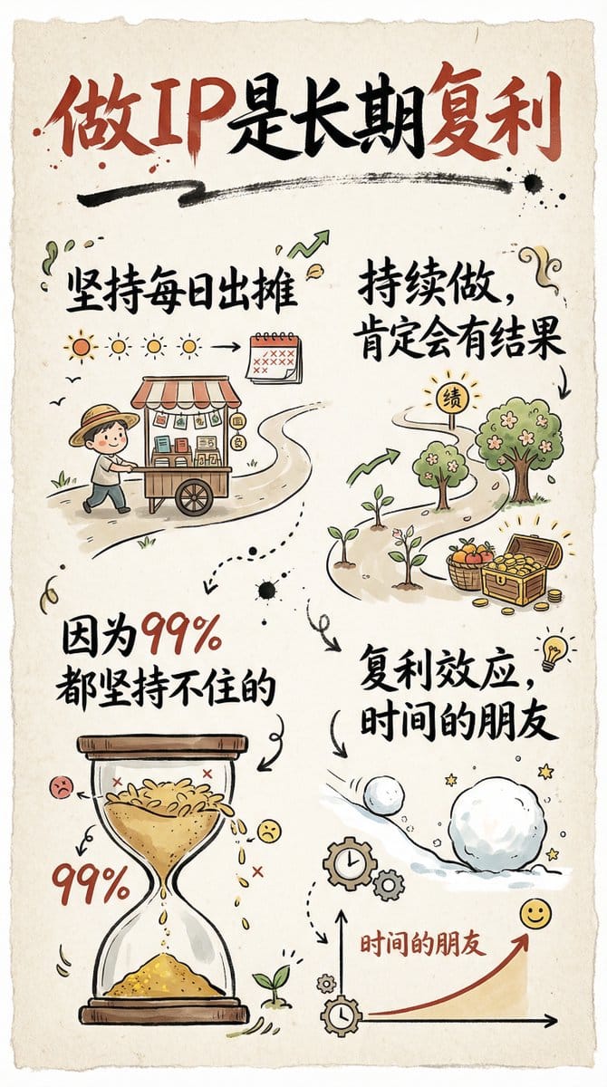 Hand-drawn infographic card about long-term IP building