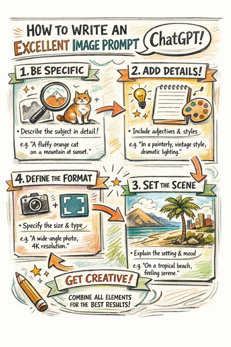 Hand-drawn infographic on writing image prompts