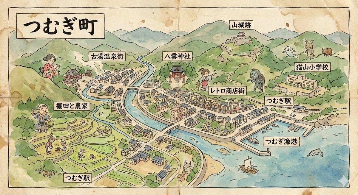 Hand-drawn map of a fictional Japanese town
