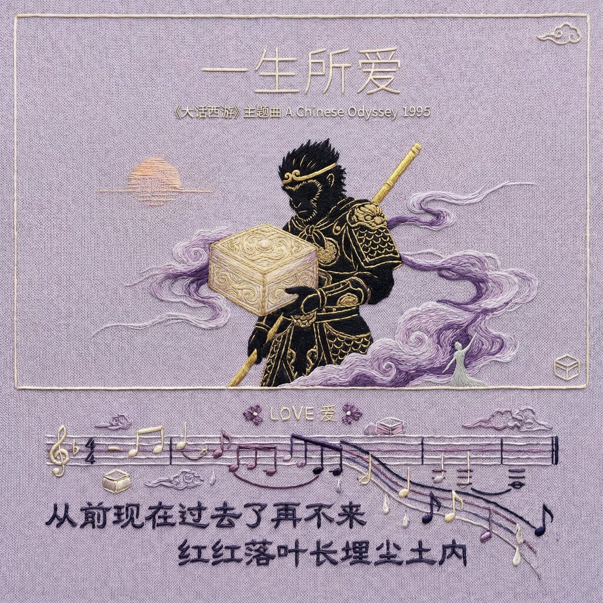 Hand-Embroidered Silk Album Cover Prompt (Music/Lyrics)