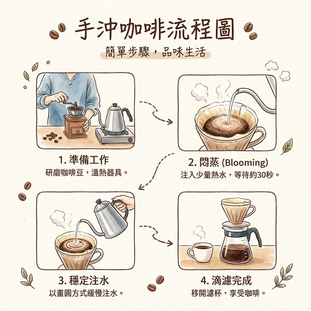 Hand drip coffee flowchart in Japanese magazine style