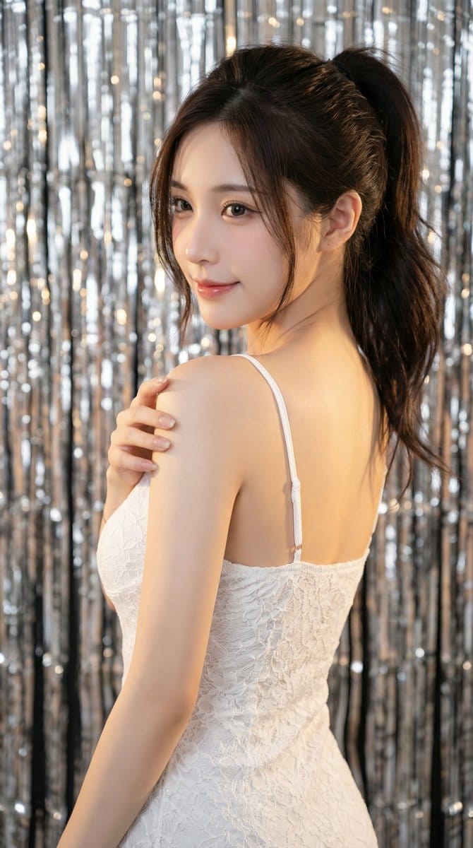 High-Angle Close-up Portrait with Mosaic Background