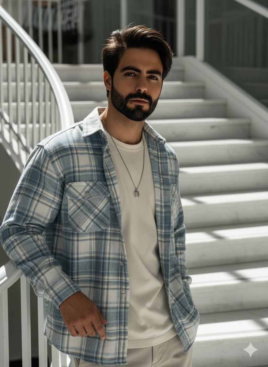 High-angle fashion portrait on marble staircase