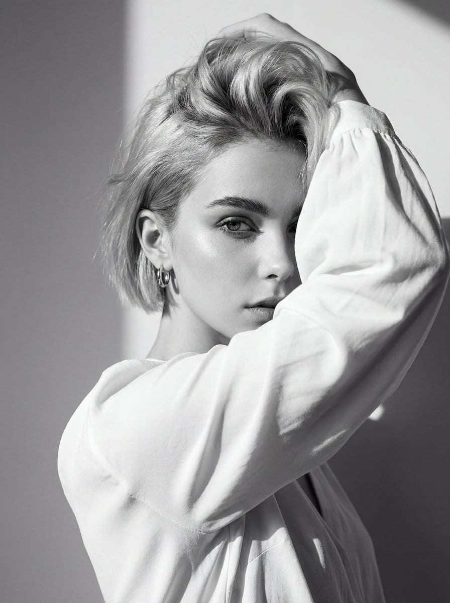 High-Contrast Black and White Editorial Portrait with Face Reference