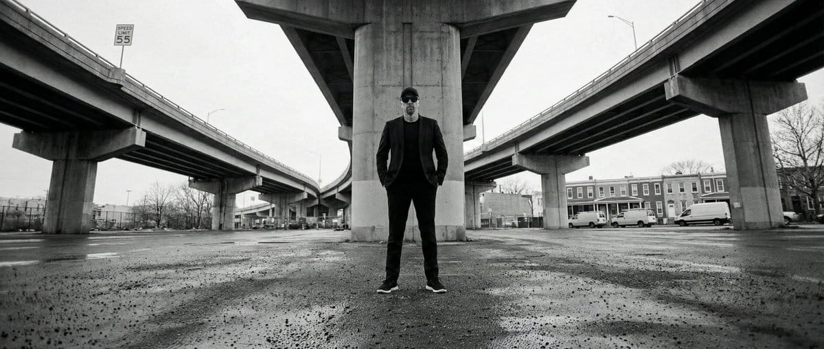 High-Contrast Documentary Photo Under a Brutalist Overpass