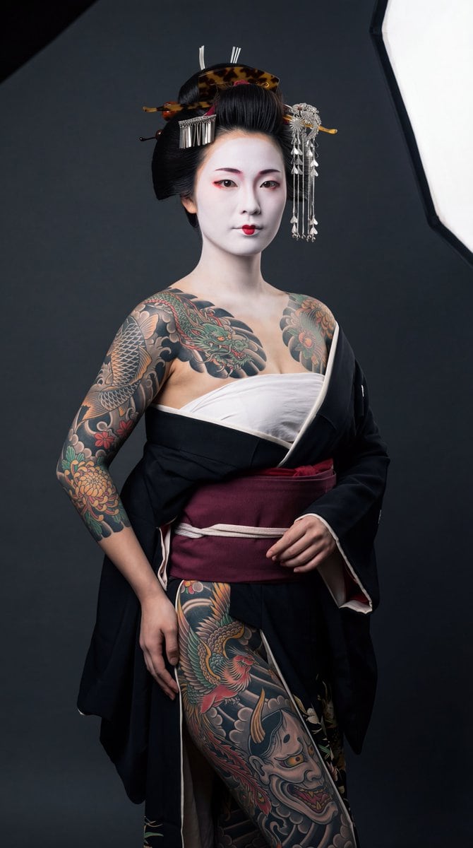 High-Contrast Geisha Irezumi Portrait Prompt
