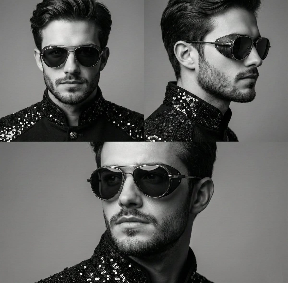 High-Contrast Monochrome Triptych Portrait with Steampunk Sunglasses