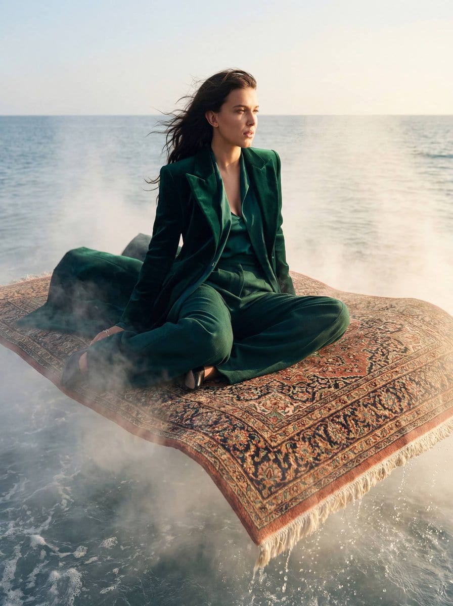 High-Fashion Editorial on a Magic Carpet over the Ocean