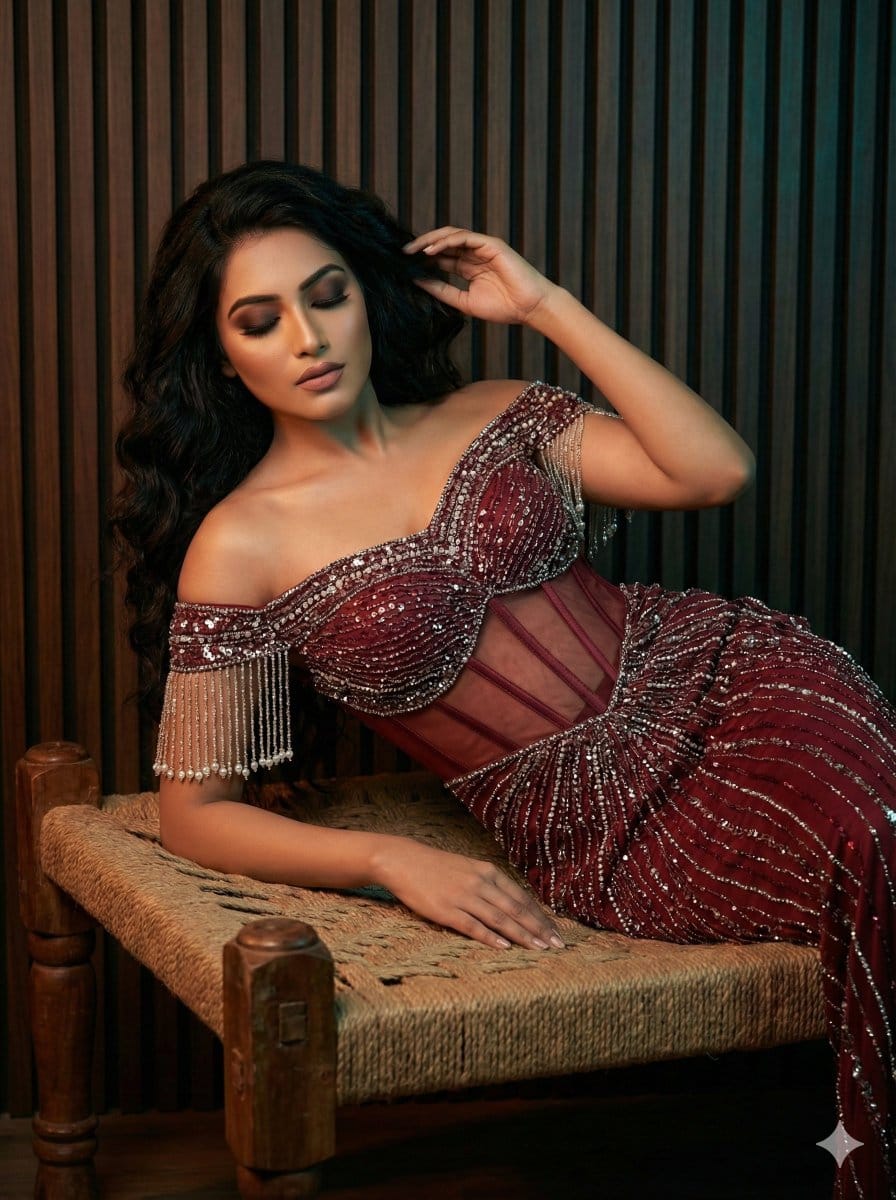 High-Fashion Editorial Photo of a Woman in an Embellished Gown