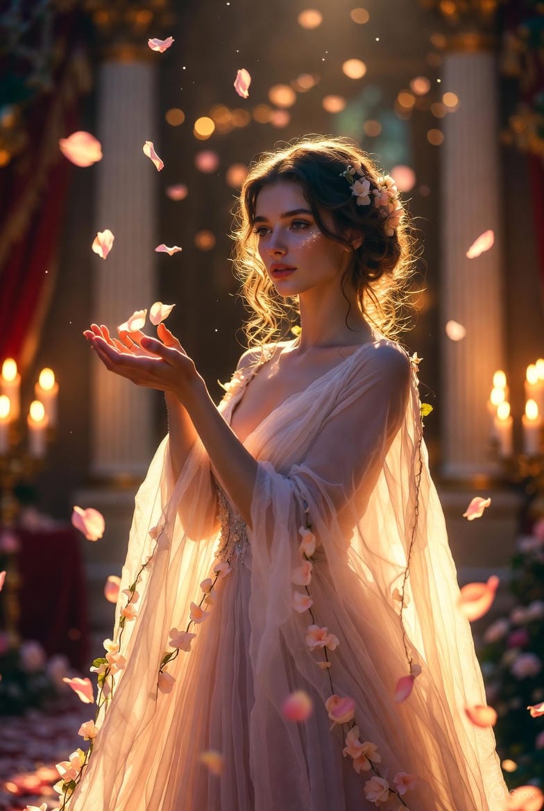 High-Fashion Fantasy Editorial with Floating Petals