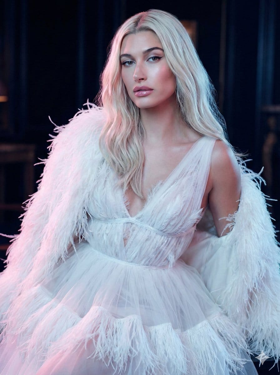 High-Fashion Feather Tulle Glamour Portrait Prompt in JSON