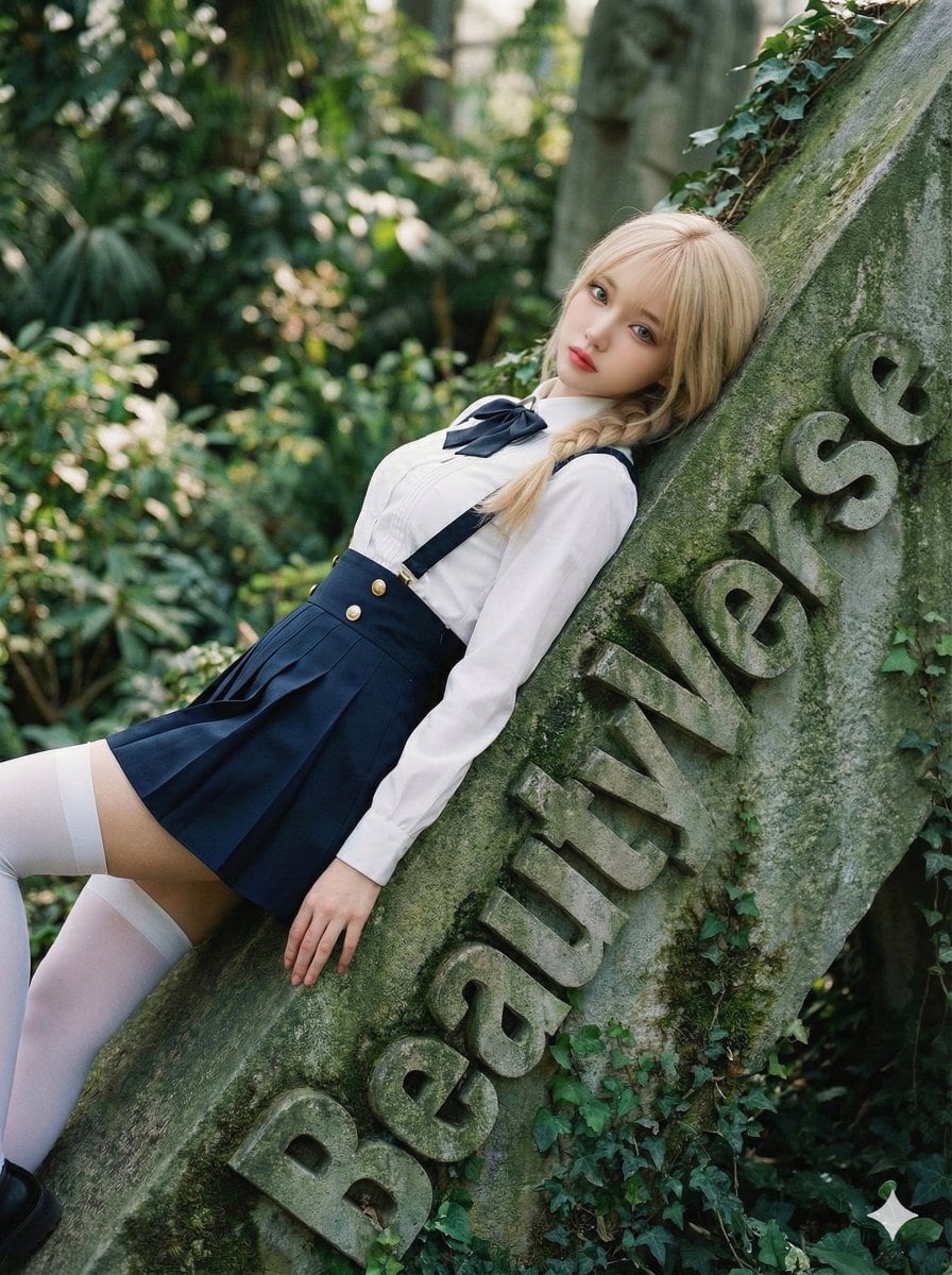 High-Fashion Garden Editorial with Tilted Stele Effect