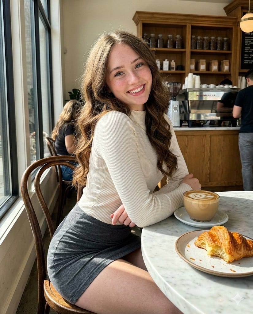 High-Fidelity Candid Café Portrait with Sharp Focus