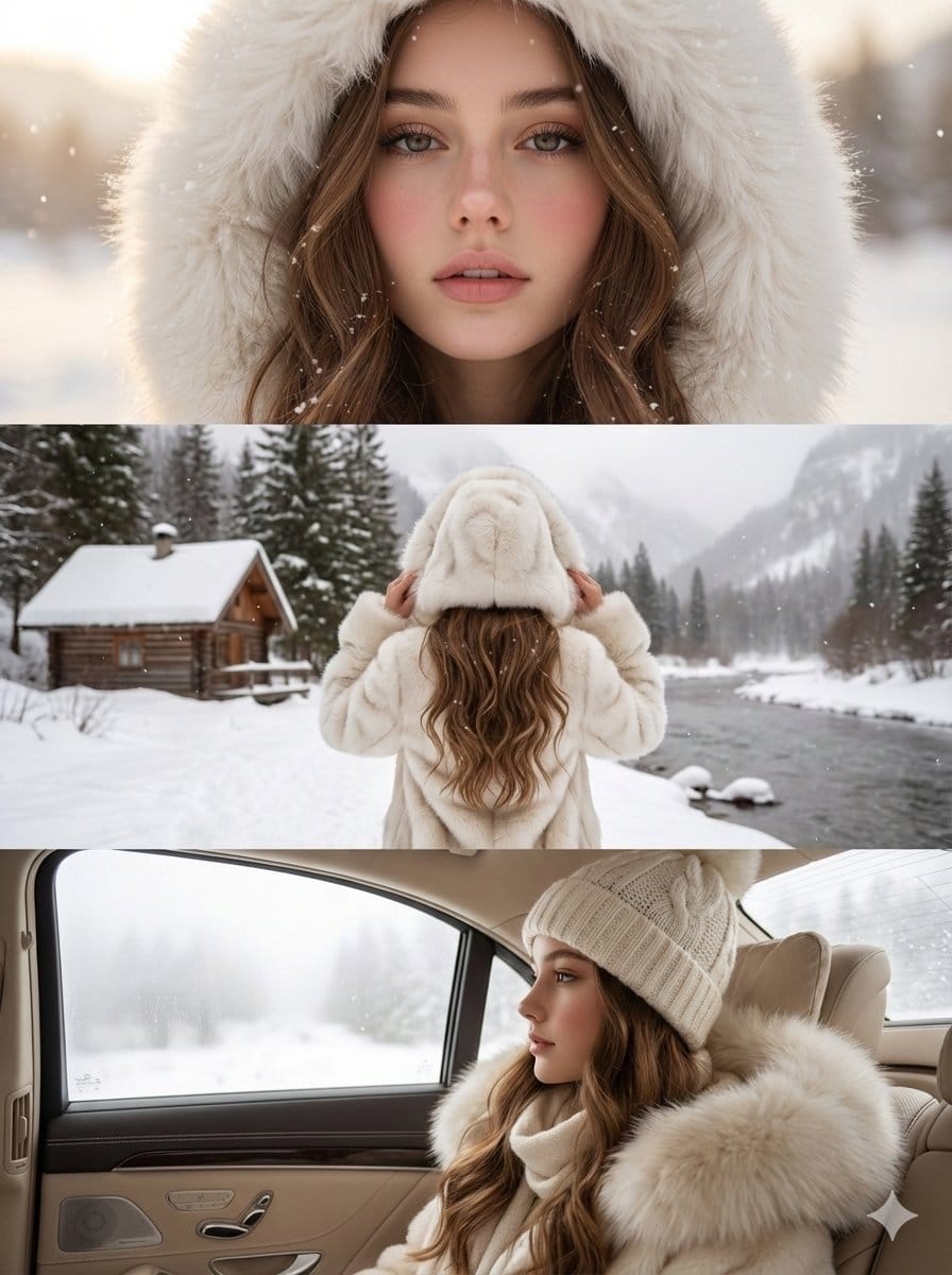 High-Quality Vertical Collage of a Young Woman in Luxury Winter Style