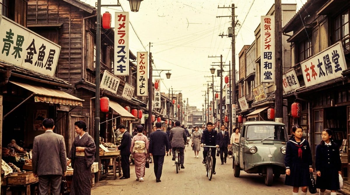 High economic growth era Japanese downtown shopping street