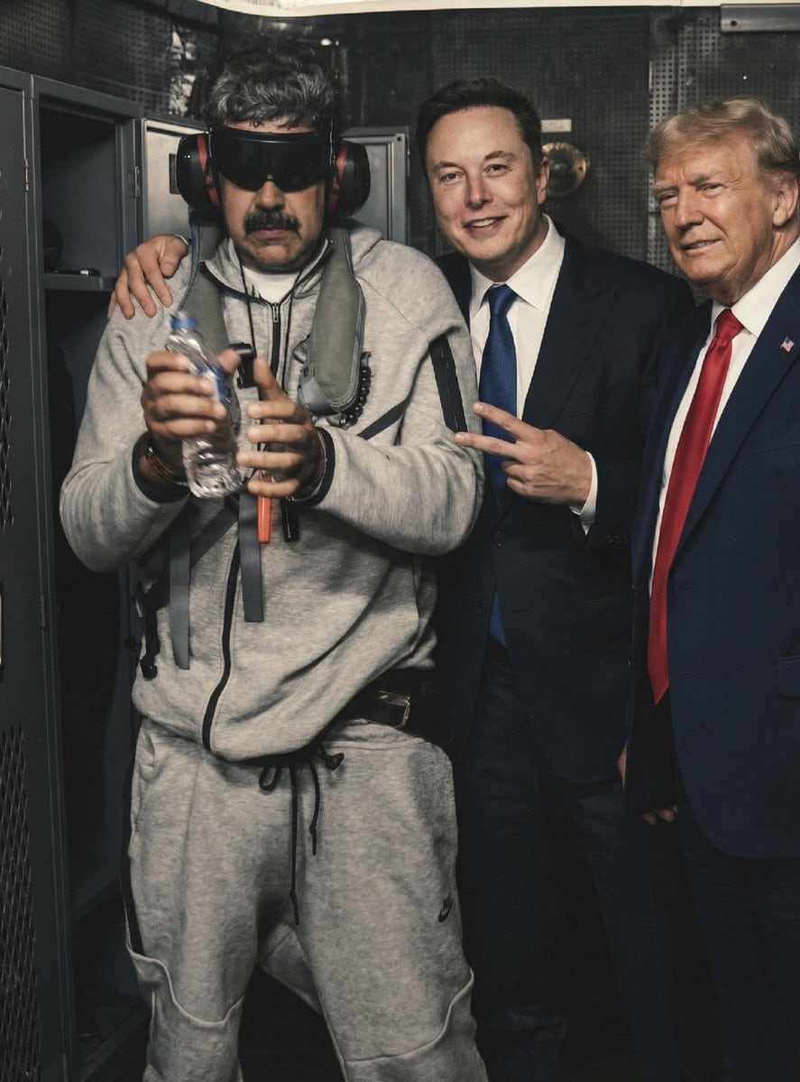Humorous Portrait of Elon Musk, Donald Trump, and Venezuela President in Tactical Gear