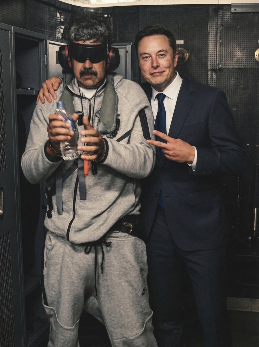 Humorous Portrait of Elon Musk and Venezuela President in Tactical Gear