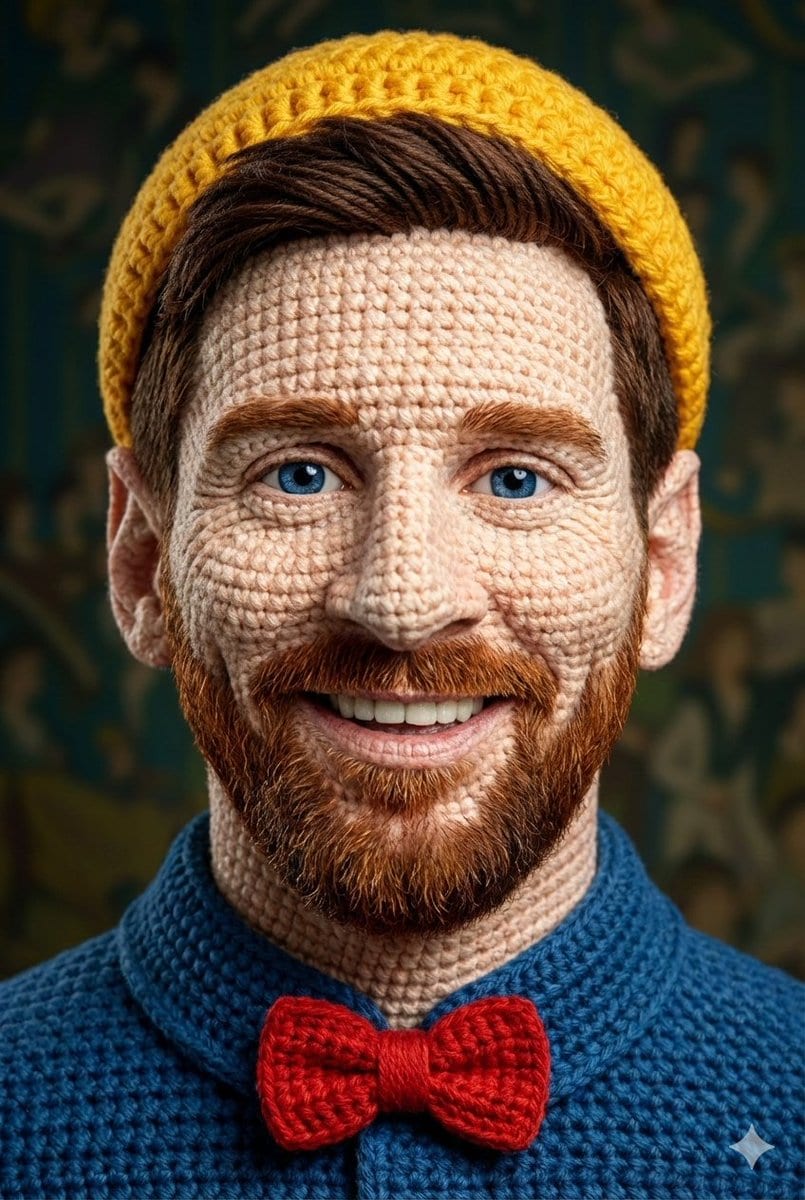 Hyper-Detailed Crocheted Portrait of a Legend