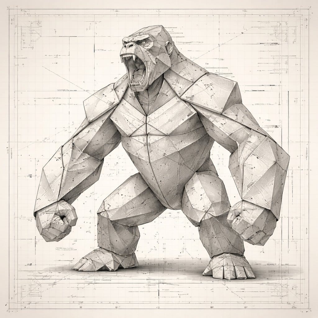 Hyper-Detailed Folded-Paper Blueprint of King Kong