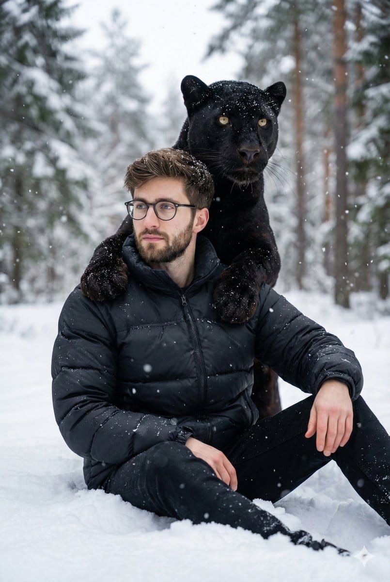 Hyper-realistic 8K image of a man and a black panther in a snowy forest