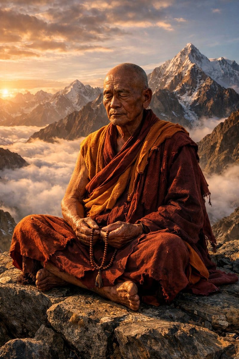 Hyper-Realistic Buddhist Monk Meditation Scene