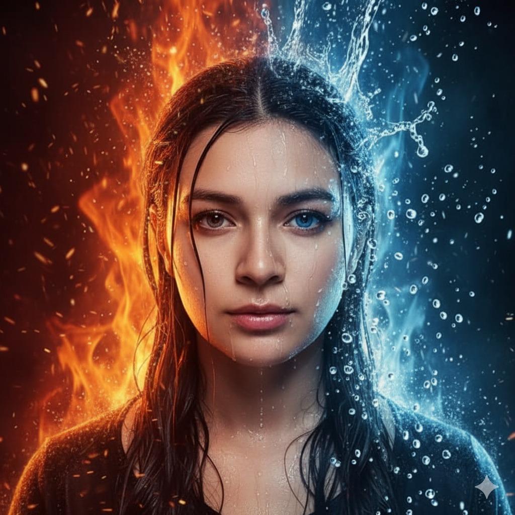 Hyper-Realistic Cinematic Portrait of Elemental Balance (Fire and Water)