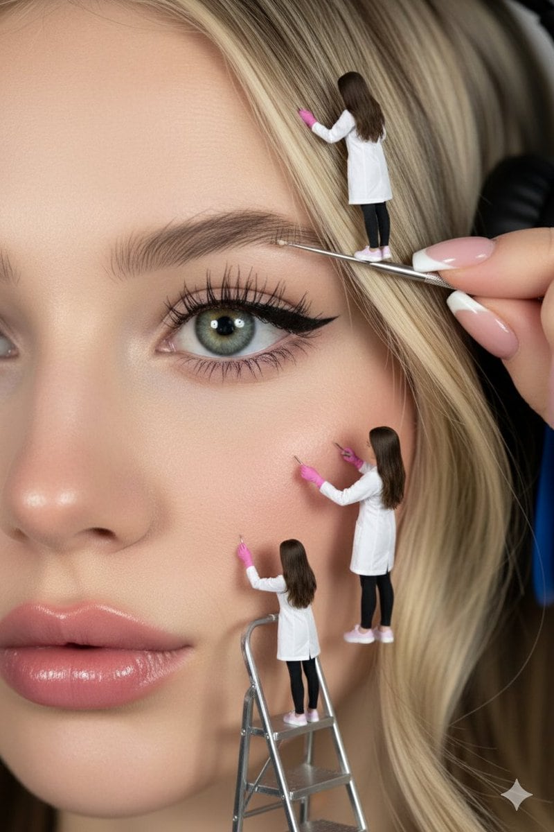 Hyper-realistic close-up of a woman's face being 'maintained' by miniature aesthetic doctors